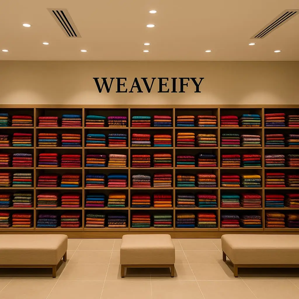 Weaveify showroom display with sarees, dress materials, and dupattas