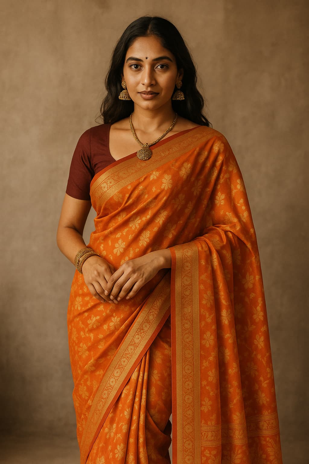 Woman wearing floral printed silk saree – Weaveify Saree Collection
