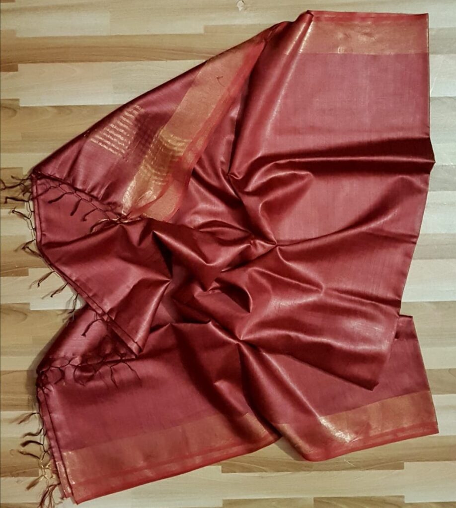 Maroon plain Tussar Muga silk saree from Weaveify