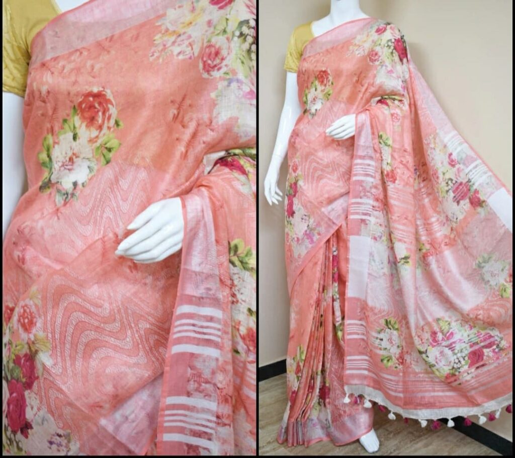 Elegant linen saree with crisp handloom drape – Weaveify