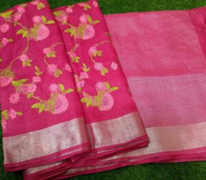 Close-up of embroidery work on linen saree – Weaveify