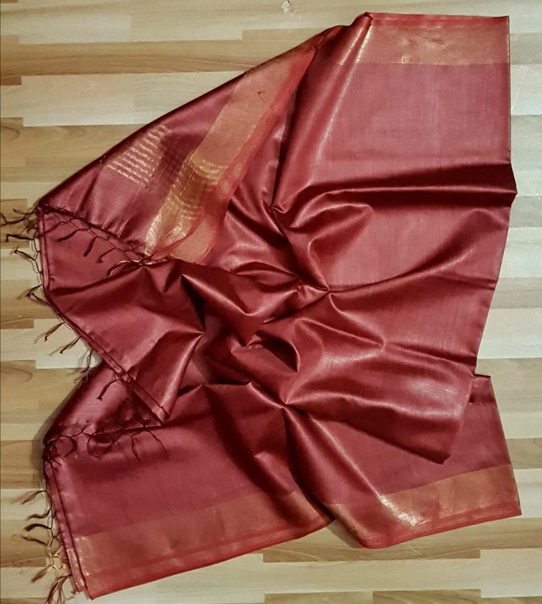 Maroon plain Tussar Muga silk saree from Weaveify