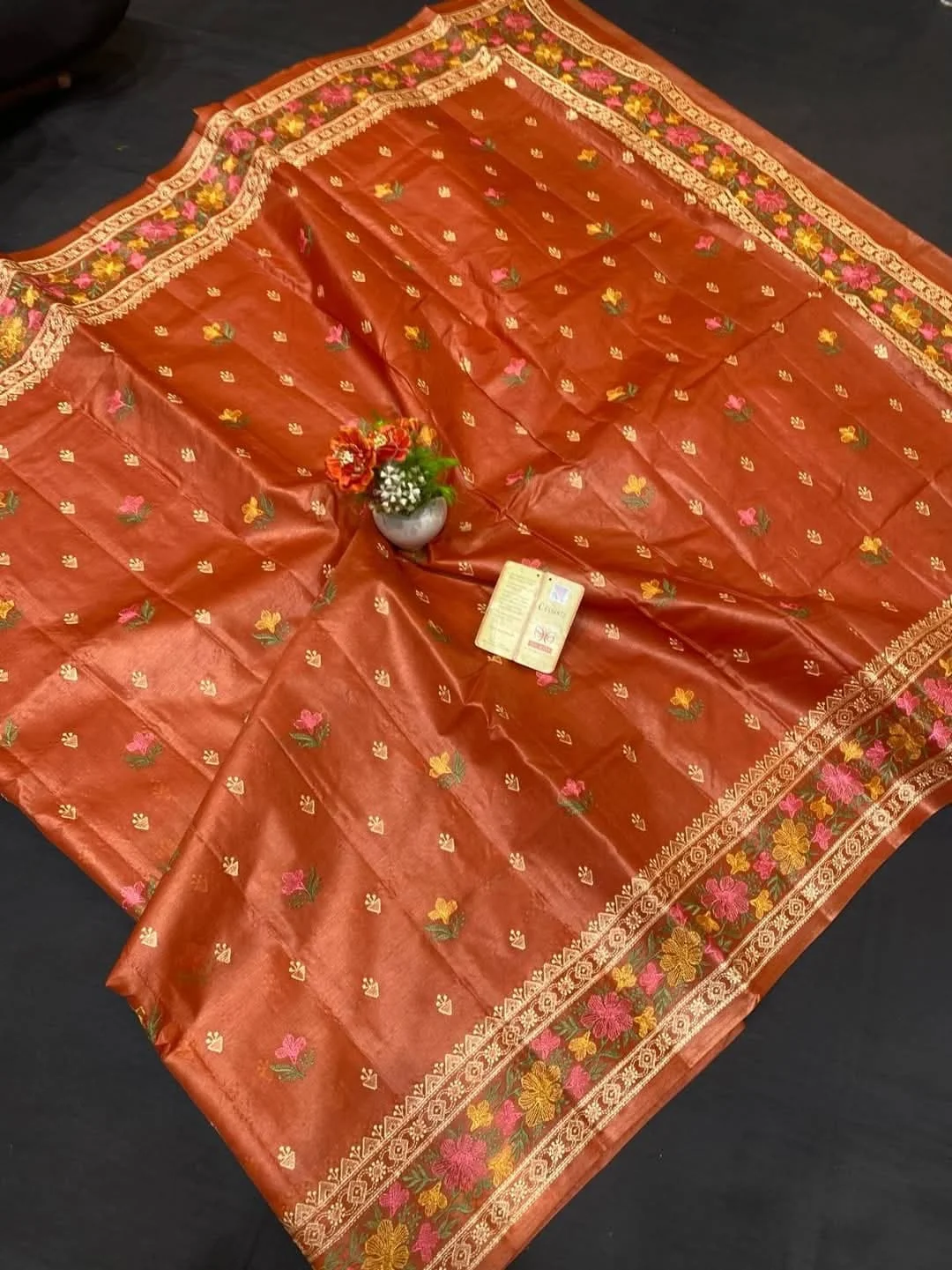 Indian woman wearing a traditional Bhagalpur Tussar silk saree